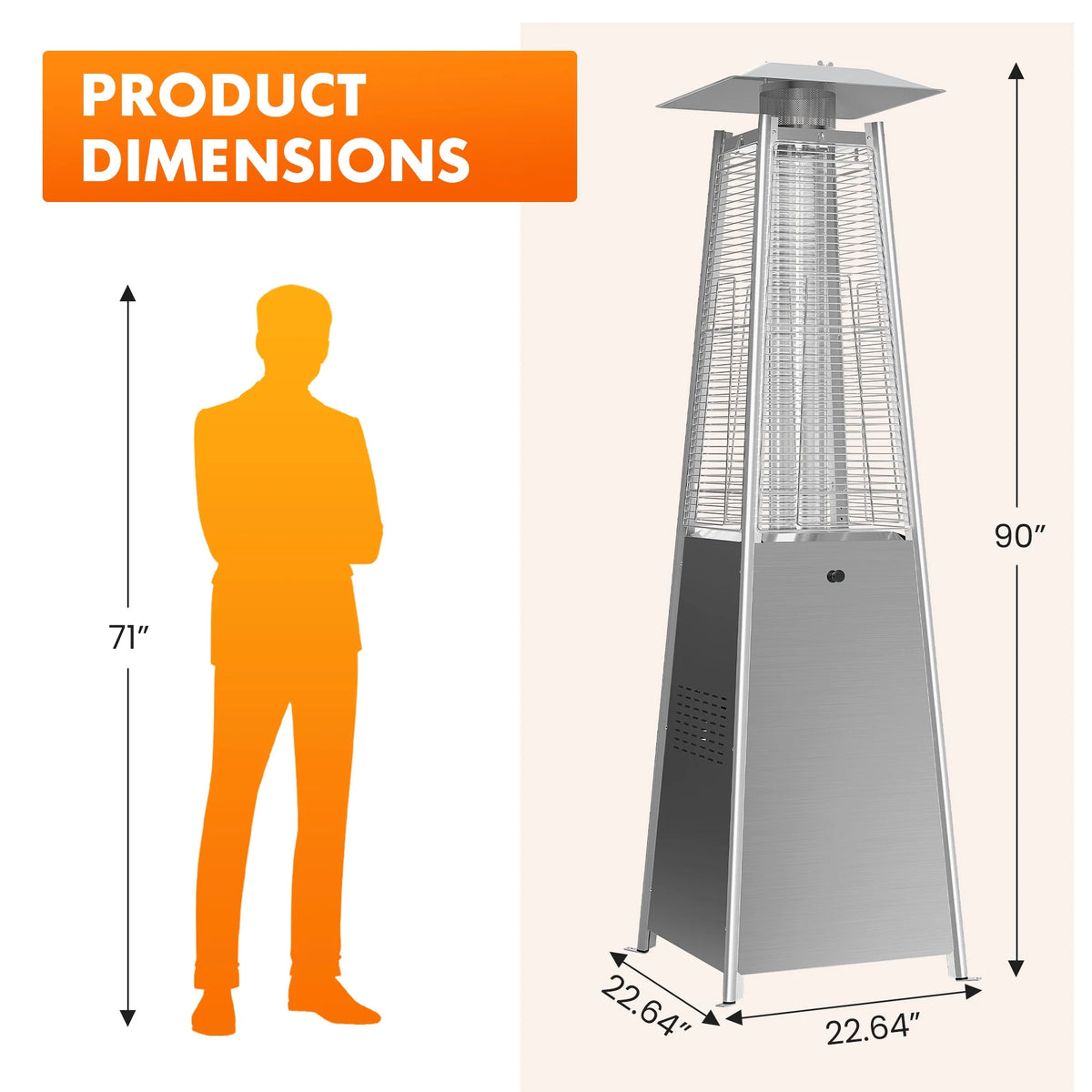 Pyramid Patio Heater, 42000 BTU Outdoor Patio Heater, 7.5 Feet LED Standing Heater with Cover and Wheels, Gray