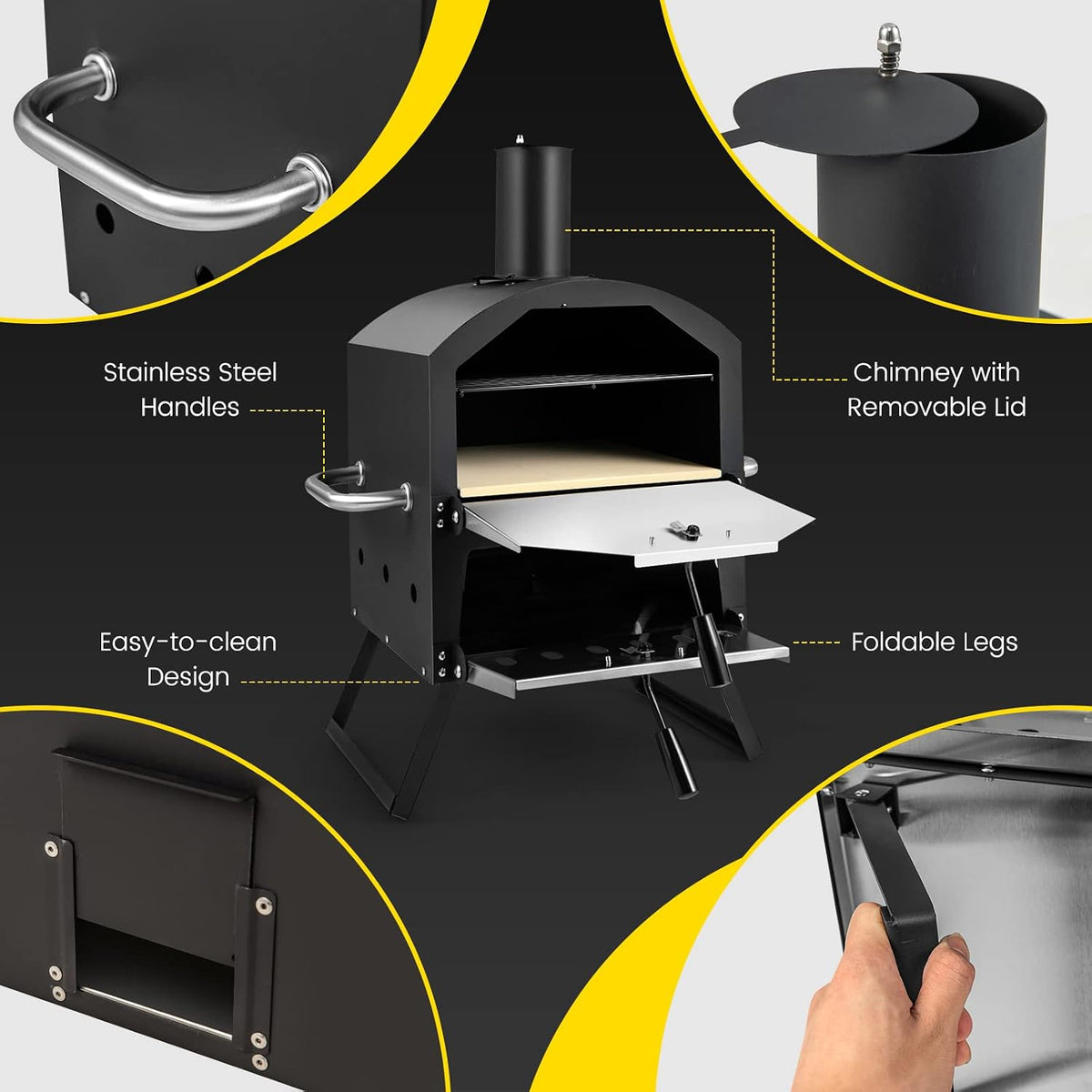 Outdoor Pizza Oven Wood Fired, 2-Layer outside Pizza Maker | 12-Inch Pizza Stone, Waterproof Cover, Pizza Peel, Removable Cooking Rack, Folding Legs, for Camping BBQ Party