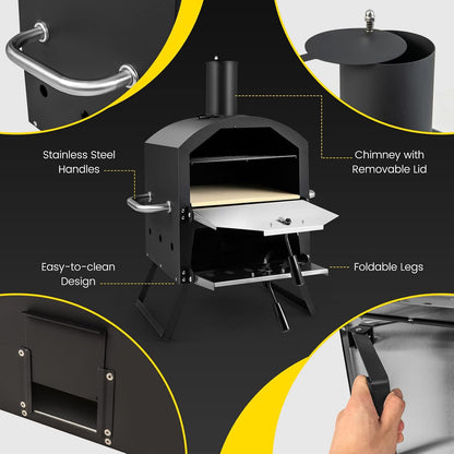 Outdoor Pizza Oven Wood Fired, 2-Layer outside Pizza Maker | 12-Inch Pizza Stone, Waterproof Cover, Pizza Peel, Removable Cooking Rack, Folding Legs, for Camping BBQ Party