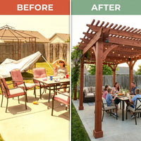 12X24 FT Premium Cedar Wood Pergola with Trellis Roof & Stakes | Outdoor Pergola Kit with Weather-Resistant Support, Backyard Gazebo for Patio, Garden & Events, Reddish-Brown — Before & After