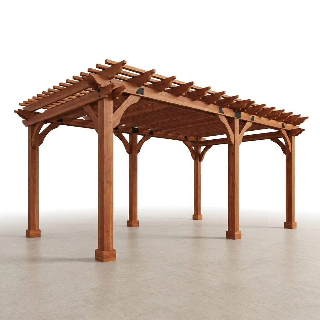 12X24 FT Premium Cedar Wood Pergola with Trellis Roof & Stakes | Outdoor Pergola Kit with Weather-Resistant Support, Backyard Gazebo for Patio, Garden & Events, Reddish-Brown — Studio Shot