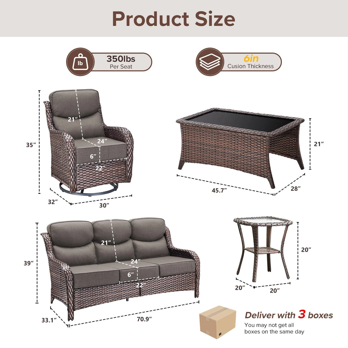 5 Pieces Outdoor Patio Furniture Set with Swivel Rocker Chairs and 6" Thick Cushions,Wicker Conversation Set with Sectional Sofa and Ottomans for Porch Deck Backyard Poolside