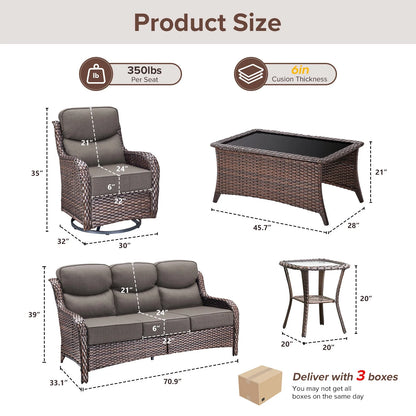 5 Pieces Outdoor Patio Furniture Set with Swivel Rocker Chairs and 6" Thick Cushions,Wicker Conversation Set with Sectional Sofa and Ottomans for Porch Deck Backyard Poolside