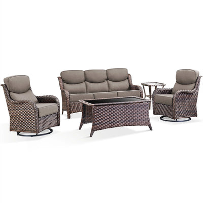 5 Pieces Outdoor Patio Furniture Set with Swivel Rocker Chairs and 6" Thick Cushions,Wicker Conversation Set with Sectional Sofa and Ottomans for Porch Deck Backyard Poolside