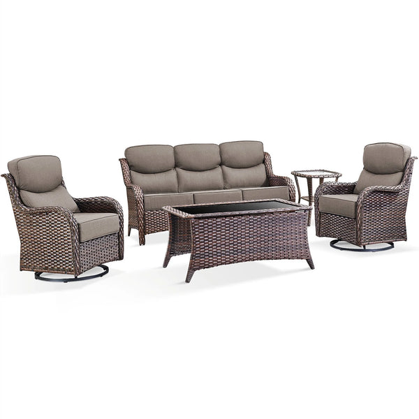 5 Pieces Outdoor Patio Furniture Set with Swivel Rocker Chairs and 6" Thick Cushions,Wicker Conversation Set with Sectional Sofa and Ottomans for Porch Deck Backyard Poolside