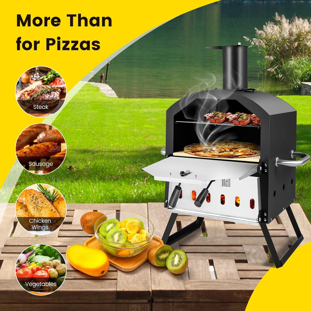 Outdoor Pizza Oven Wood Fired, 2-Layer outside Pizza Maker | 12-Inch Pizza Stone, Waterproof Cover, Pizza Peel, Removable Cooking Rack, Folding Legs, for Camping BBQ Party