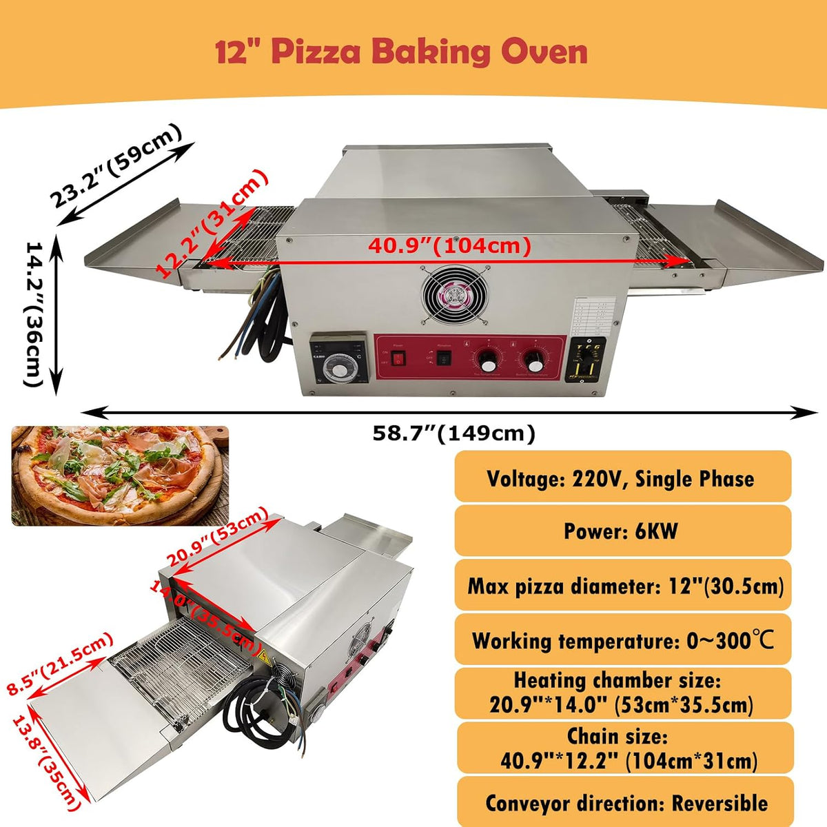 Pizza Baking Oven Commercial Countertop Pizza Oven 12" Belt Reversible Conveyor for Restaurant 220V 1PH 6KW