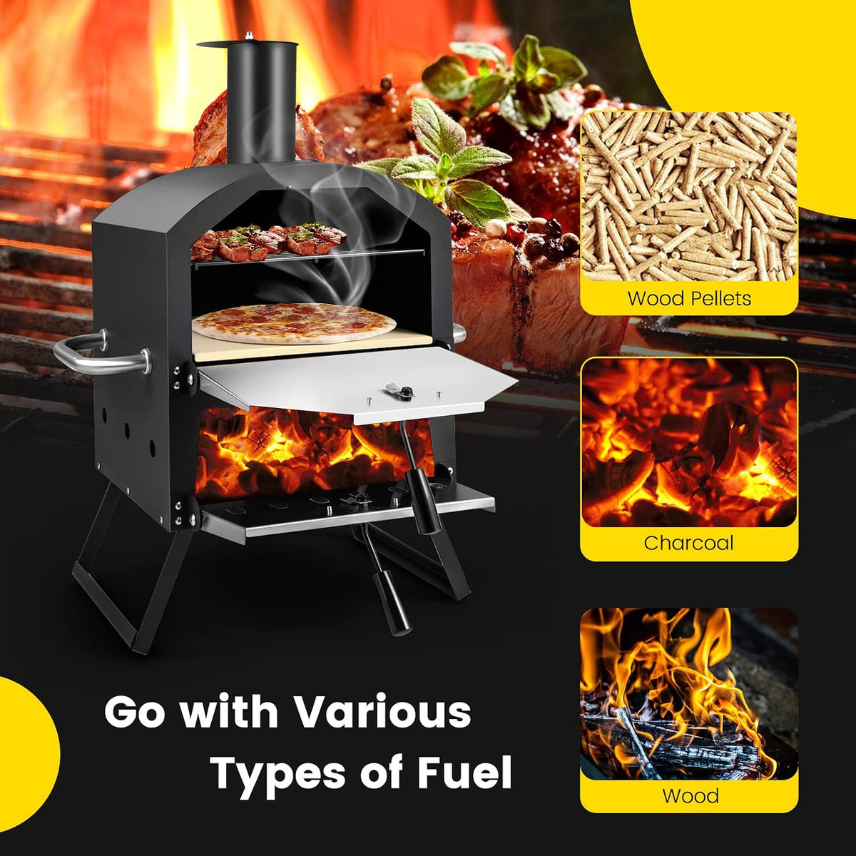 Outdoor Pizza Oven Wood Fired, 2-Layer outside Pizza Maker | 12-Inch Pizza Stone, Waterproof Cover, Pizza Peel, Removable Cooking Rack, Folding Legs, for Camping BBQ Party