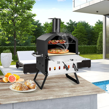 Outdoor Pizza Oven Wood Fired, 2-Layer outside Pizza Maker | 12-Inch Pizza Stone, Waterproof Cover, Pizza Peel, Removable Cooking Rack, Folding Legs, for Camping BBQ Party