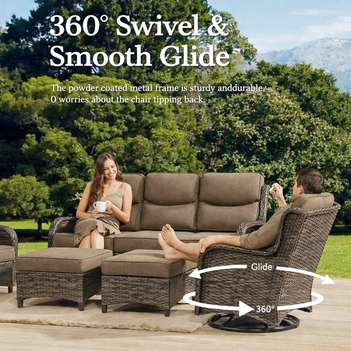 5 Pieces Outdoor Patio Furniture Set with Swivel Rocker Chairs and 6" Thick Cushions,Wicker Conversation Set with Sectional Sofa and Ottomans for Porch Deck Backyard Poolside