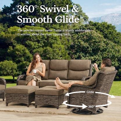 5 Pieces Outdoor Patio Furniture Set with Swivel Rocker Chairs and 6" Thick Cushions,Wicker Conversation Set with Sectional Sofa and Ottomans for Porch Deck Backyard Poolside
