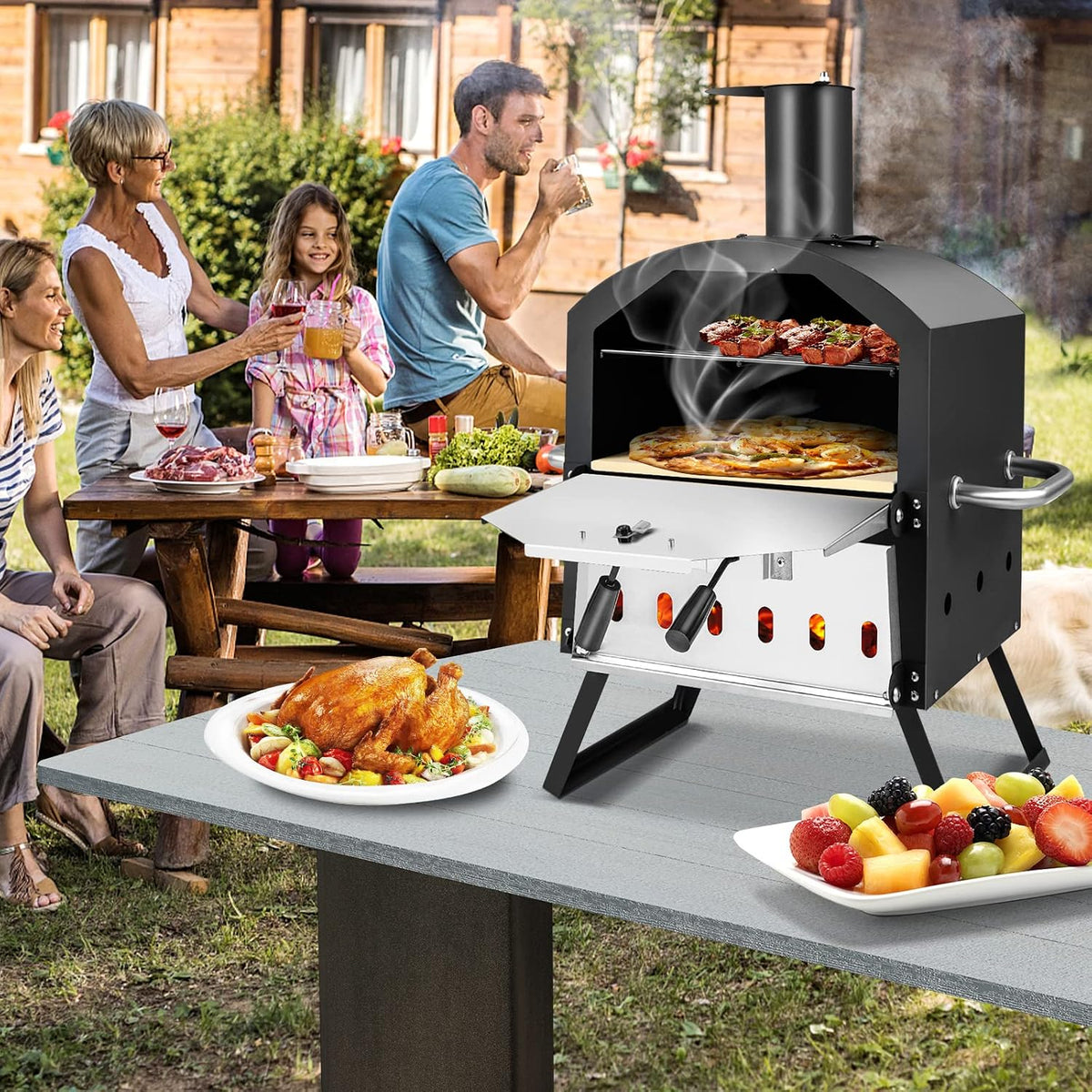 Outdoor Pizza Oven Wood Fired, 2-Layer outside Pizza Maker | 12-Inch Pizza Stone, Waterproof Cover, Pizza Peel, Removable Cooking Rack, Folding Legs, for Camping BBQ Party