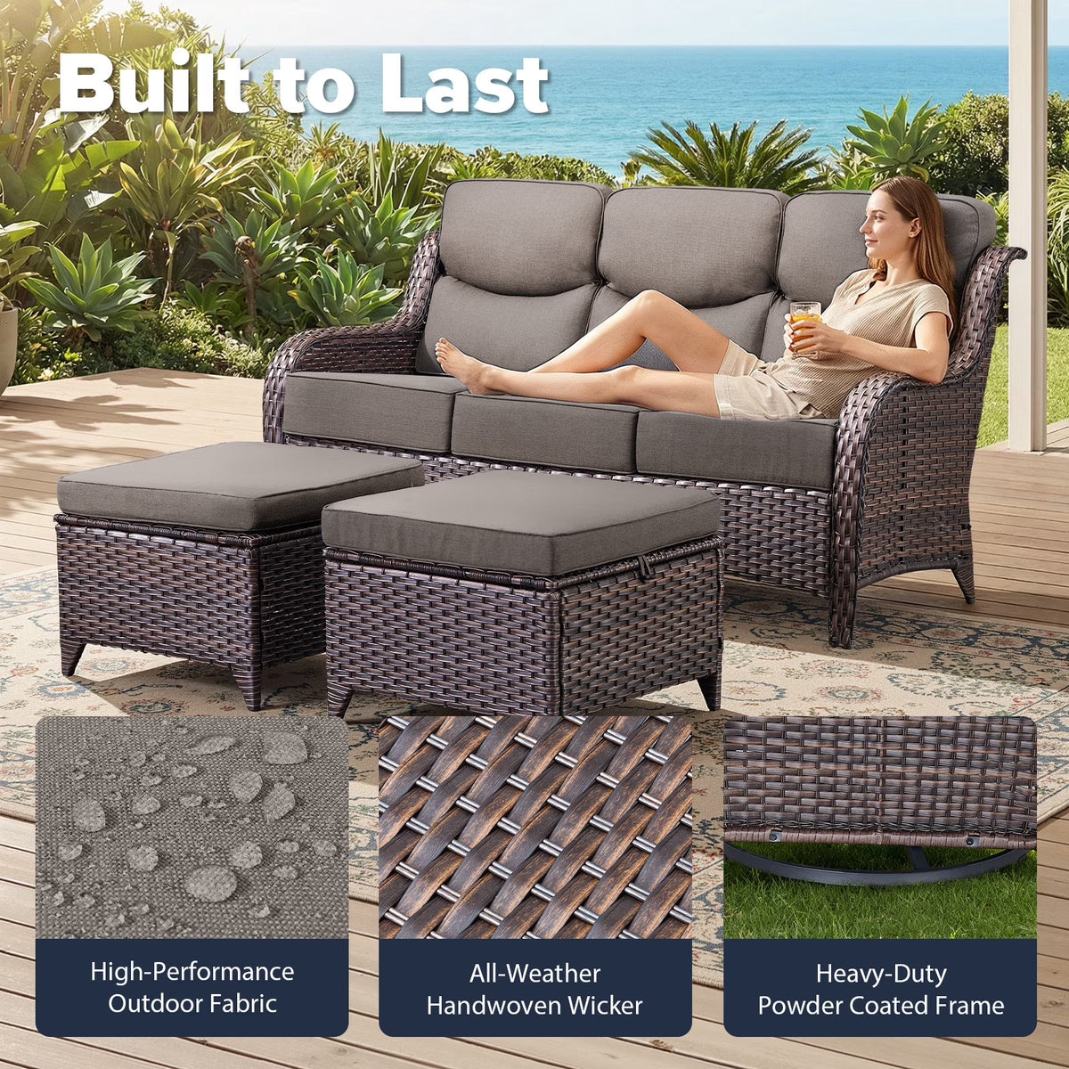 5 Pieces Outdoor Patio Furniture Set with Swivel Rocker Chairs and 6" Thick Cushions,Wicker Conversation Set with Sectional Sofa and Ottomans for Porch Deck Backyard Poolside