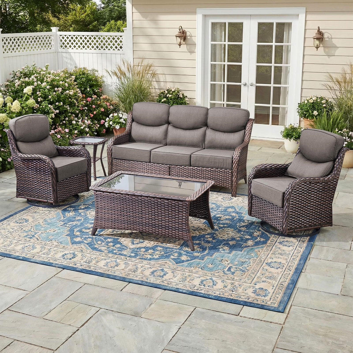 5 Pieces Outdoor Patio Furniture Set with Swivel Rocker Chairs and 6" Thick Cushions,Wicker Conversation Set with Sectional Sofa and Ottomans for Porch Deck Backyard Poolside