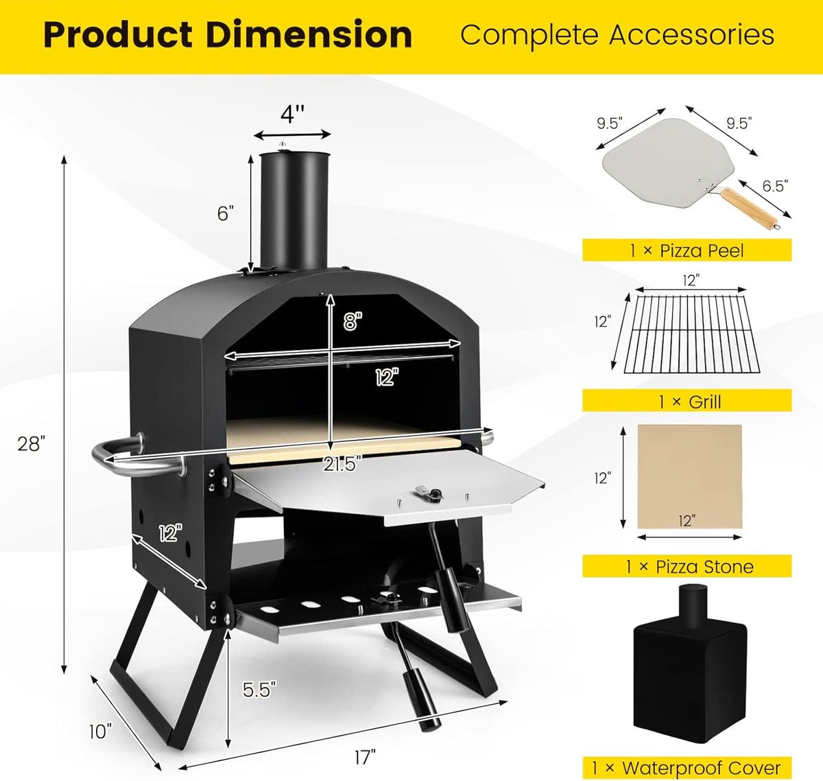 Outdoor Pizza Oven Wood Fired, 2-Layer outside Pizza Maker | 12-Inch Pizza Stone, Waterproof Cover, Pizza Peel, Removable Cooking Rack, Folding Legs, for Camping BBQ Party