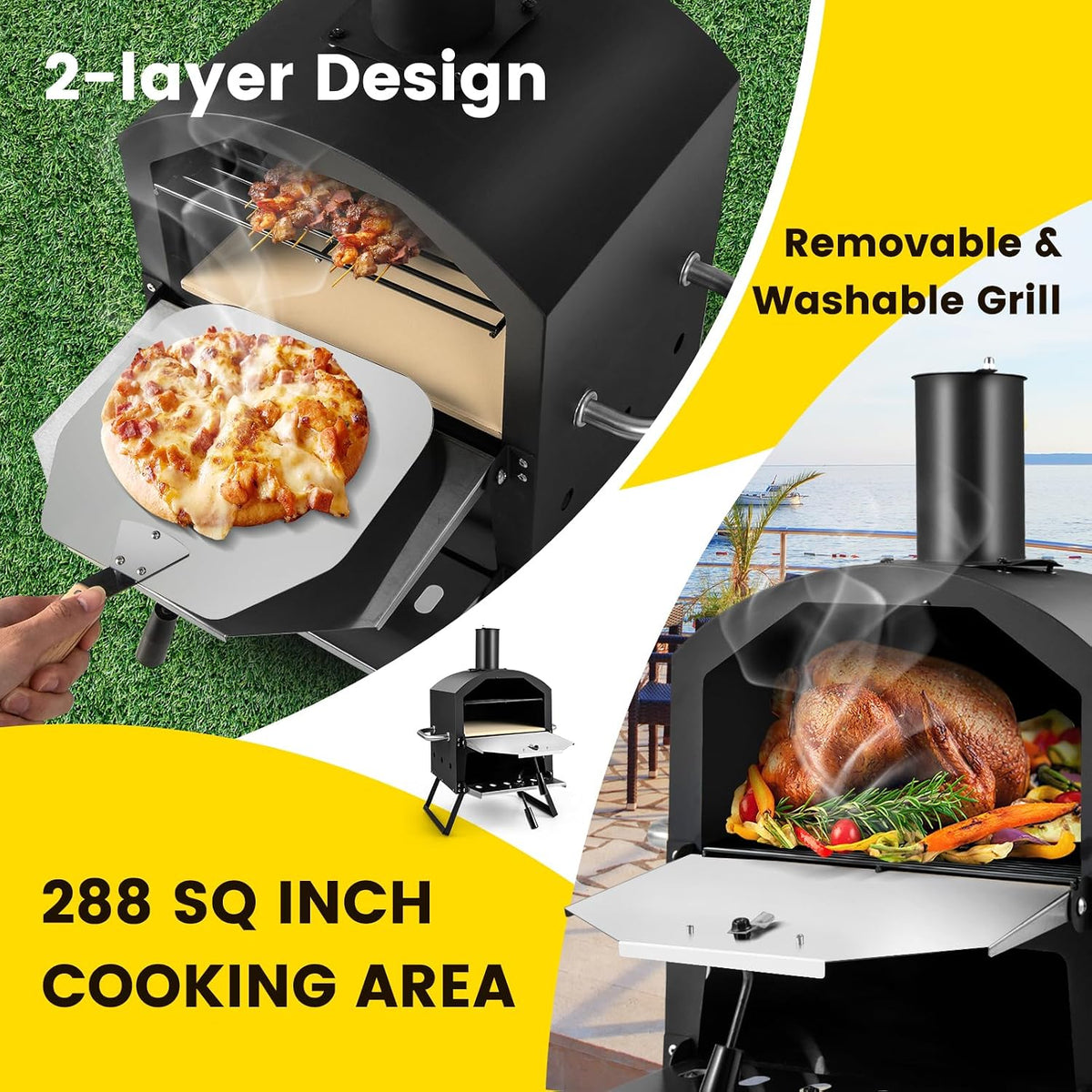 Outdoor Pizza Oven Wood Fired, 2-Layer outside Pizza Maker | 12-Inch Pizza Stone, Waterproof Cover, Pizza Peel, Removable Cooking Rack, Folding Legs, for Camping BBQ Party