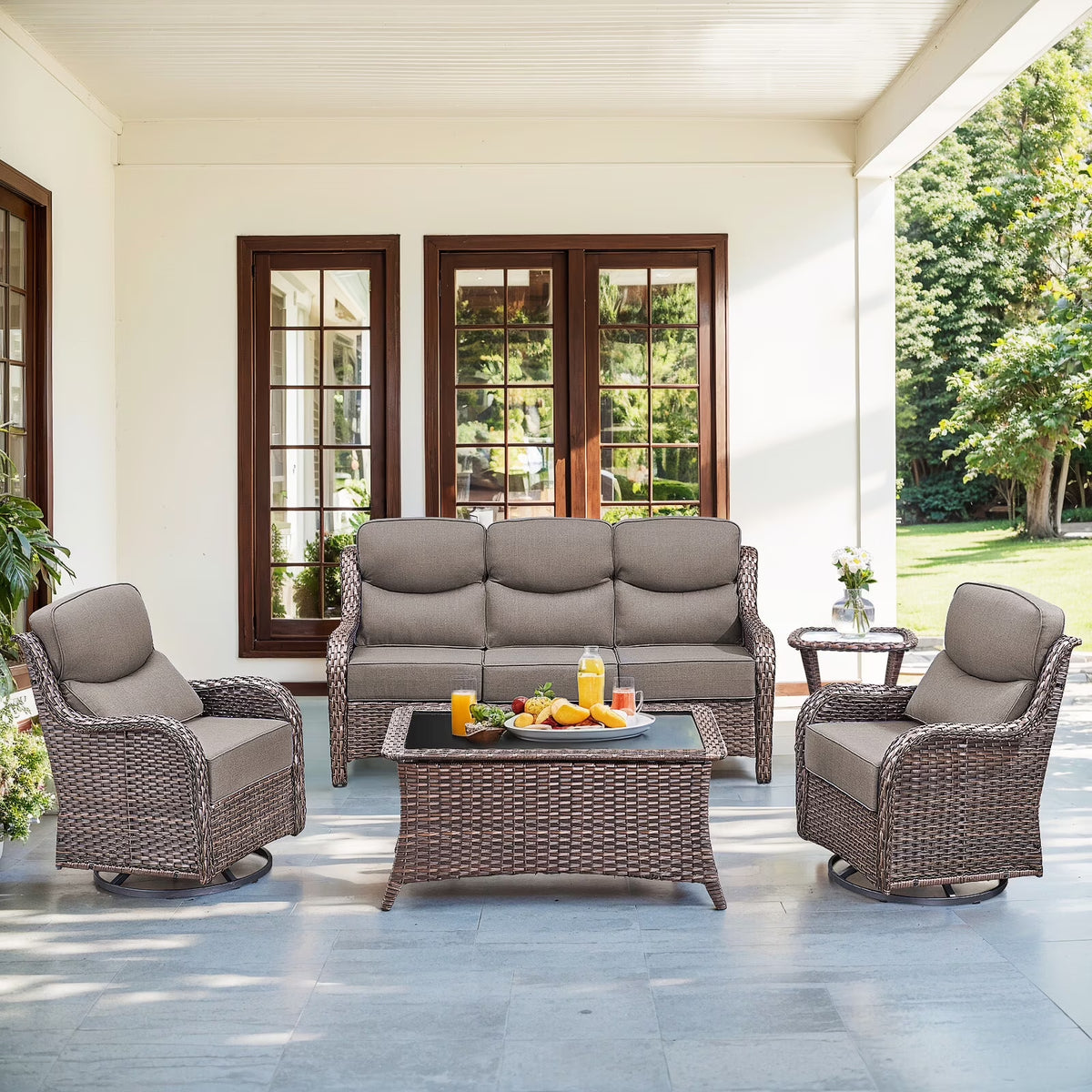 5 Pieces Outdoor Patio Furniture Set with Swivel Rocker Chairs and 6" Thick Cushions,Wicker Conversation Set with Sectional Sofa and Ottomans for Porch Deck Backyard Poolside