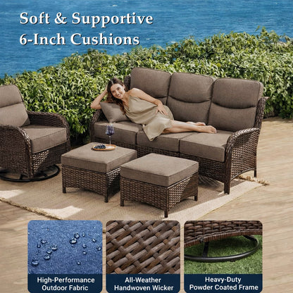 5 Pieces Outdoor Patio Furniture Set with Swivel Rocker Chairs and 6" Thick Cushions,Wicker Conversation Set with Sectional Sofa and Ottomans for Porch Deck Backyard Poolside